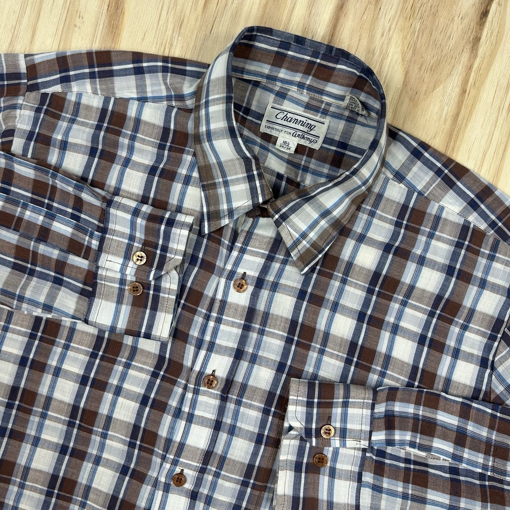 True Vintage Channing Anthony's Earthy Plaid‎ Button Shirt Long Sleeve 16.5 L